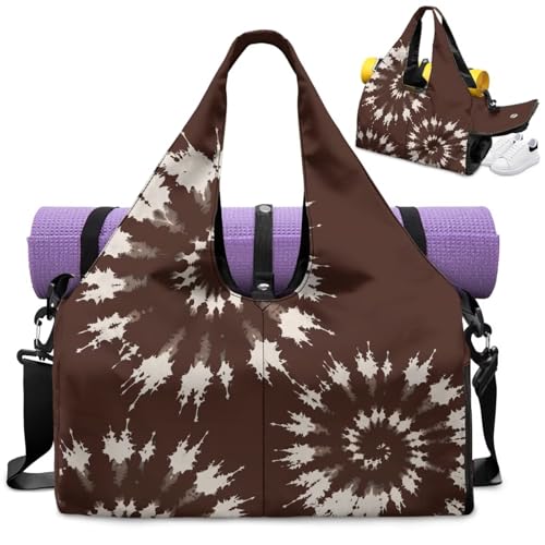 Yoga Gym Bag with Removable Adjustable Shoulder Strap, Shoe Compartment & Top Yoga Mat Holder 17.72x8.66x9.84in - color: Brown Tie-Dye Creative Print