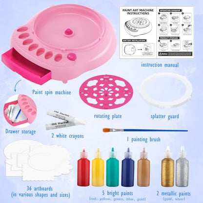 Spin Art Machine for Kids, Paint Spinner Arts & Crafts Gift Kit, Ages 4-12 | Includes machine, 36 artboards, 7 washable paints & splatter guard. Easy-clean, screen-free STEAM gift for girls & boys - color: Pink