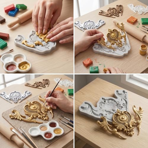 Baroque Scroll Relief Polymer Clay Molds Baroque Silicone Mold | Epoxy Resin Casting DIY Crafts Air Dry Polymer Crafts Supplies Clay Tools - color: Style J