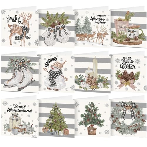 Saillong 12 Pack Neutral Christmas Diamond Painting Greeting Card Kits DIY Gray Christmas Diamond Art Cards with Envelopes Xmas 5D Rhinestones Painting Kit for Adults DIY Craft Family Friend Xmas Gift - color: Neutral Christmas