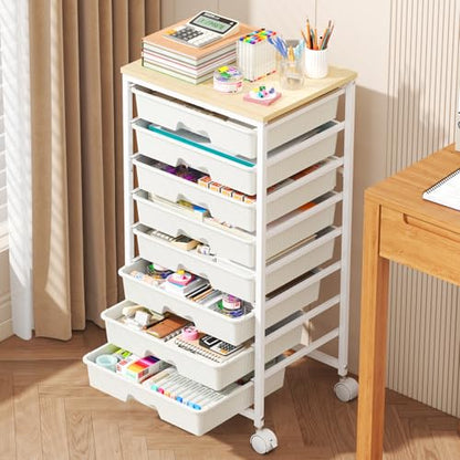 Goovilla Rolling Cart with 8 Drawers for Art, Dorm, Office, Craft, White | Utility Cart Organizer With 8 Removable Drawers and Wooden Tabletop, Lockable Rolling Storage Organizer for Classroom, Home - size: White
