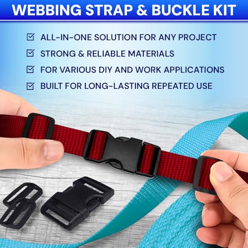 TECEUM 1" Nylon Strap Kit with Buckles, Red 6 yards Repair Set | Heavy duty hardware kit: 6yd webbing, 6 quick release buckles, 12 tri-glide slide clips, 6 metal D-rings for crafting. - color: Red, size: 1" - 6 yards, style: 6 Buckle - 12 Slides - 6 D-rin