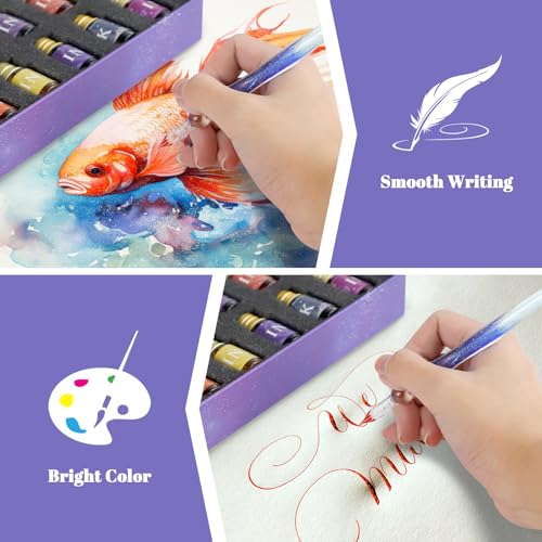 Glass Dip Pen Ink Set, 16pcs Fountain Calligraphy Pens Set, 2 Crystal Signature Glass Pen, 12 Gold Powder Drawing Ink Drip Tool for Art Writing Signatures Beginners Valentines Day Gift