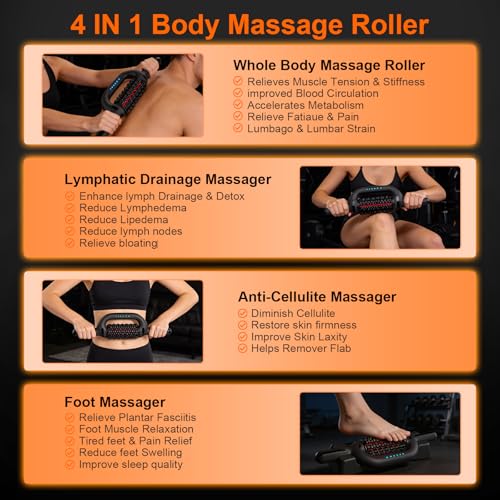 Electric Rolling Massager with Redlight, Handheld Percussive Roller Massger | Hands-Free Base Muscle Recovery and Back Massage Roller, Rechargeable 6-Speed Foot Massage Roller for belly Legs Calf Foot - color: Black