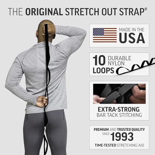OPTP The Original Stretch Out Strap XL with Exercise Book, Made in the USA | Stretch Out Strap for physical therapy, yoga stretching strap or knee therapy strap, 10 loops, 7'5" long durable woven strap