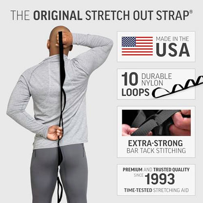 OPTP The Original Stretch Out Strap XL with Exercise Book, Made in the USA | Stretch Out Strap for physical therapy, yoga stretching strap or knee therapy strap, 10 loops, 7'5" long durable woven strap