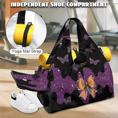 Yoga Gym Bag with Removable Adjustable Shoulder Strap, Shoe Compartment & Top Yoga Mat Holder 17.72x8.66x9.84in - color: Halloween Butterfly Bow Print