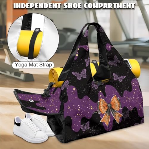 Yoga Gym Bag with Removable Adjustable Shoulder Strap, Shoe Compartment & Top Yoga Mat Holder 17.72x8.66x9.84in - color: Halloween Butterfly Bow Print