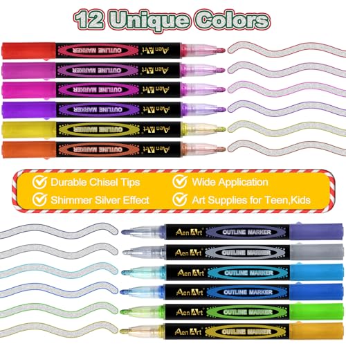 Aen Art 12 Colors Outline Shimmer Markers, Glitter Metallic Pens Drawing Art Supplies, Gift Trendy Stuff for Kids Girls Ages 4, 6, 8, 10, 12 Year Old