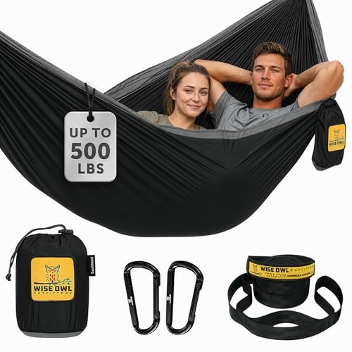 Wise Owl Outfitters Hammock for Camping Double Hammocks Gear for The Outdoors Backpacking Survival or Travel - Portable Lightweight Parachute Nylon DO Black & Grey - color: Black & Grey, size: Double