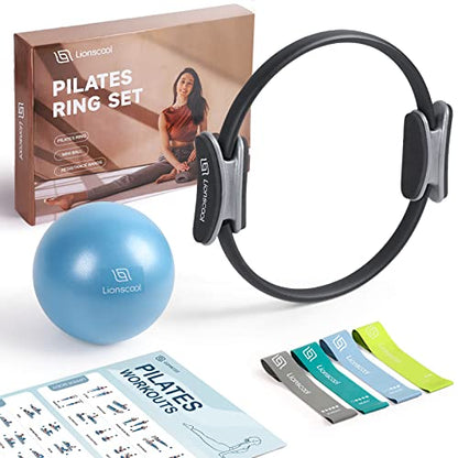 LIONSCOOL Pilates Ring Set 14" Magic Circle, 9" Mini Ball, Resistance Bands | Foam-Padded Fiberglass Pilates Ring, 400 lb Anti-Burst Ball, Latex Bands, Guide & Bag, Pilates Equipment Kit for Home Workout - color: Black