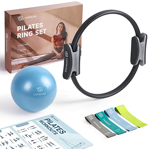 LIONSCOOL Pilates Ring Set 14" Magic Circle, 9" Mini Ball, Resistance Bands | Foam-Padded Fiberglass Pilates Ring, 400 lb Anti-Burst Ball, Latex Bands, Guide & Bag, Pilates Equipment Kit for Home Workout - color: Black