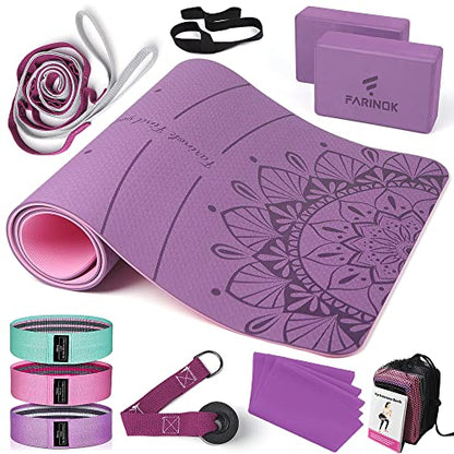 1/3 Yoga Mat Thick, Yoga Set for Beginners | Include High Density Mat with Multi-loops Strap, Blocks, Booty Resistance Band Set, Door Anchor, Carring Bag & Strap - color: PURPLE&PINK