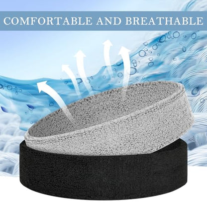 4 Pack Cotton Terry Sweat Headbands for Men Women Running Gym - color: Black/Gray/White