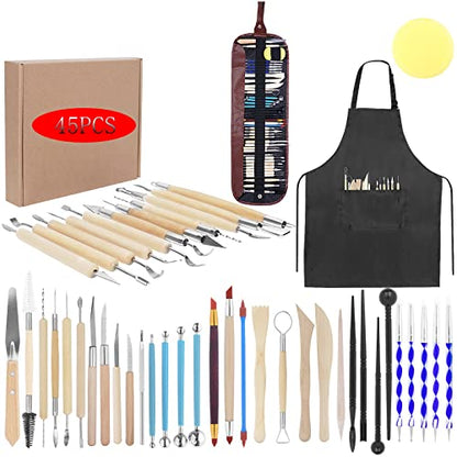 Yagugu Pottery Clay Tools for Adults Sculpting, 45Pcs Basic Wood Ceramics Carving Polymer Clay Tool Supplies kit Supplies for Artists Modeling Shaping Building for Art&Craft Gifts - color: 45PCS