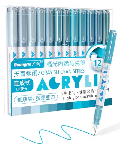 Guangna Acrylic Gel Pens 12 Color, Colored Pens for Journaling, Coloring Books, Calligraphy, Note Taking & DIY Crafts, RollerBall Pen Tip (Cyan) - color: Cyan
