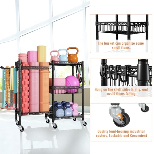 FUTASSI Home Gym Storage, 3 Tiers Workout Equipment Organizer with Wheels for Yoga Mats, Foam Roller, Dumbbells, Kettlebells, and Resistance Bands - color: Black, size: Double-Row