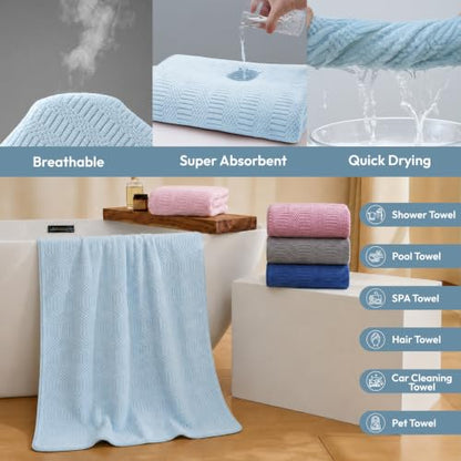 JML Microfiber Bath Towels, 2 Pack, 27x55 in, Light Blue - color: Diamond Cross Grid Light Blue, size: 2 Pack (27 in x 55 in)