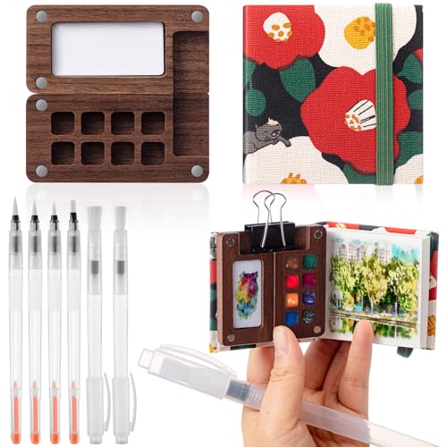 Qilery Mini Portable Watercolor Palette Set Wooden Grid Paint Box Watercolor Paper Sketch Book Brush Pens with Binder Clip for Painters Artist Not Include Paint(Cat) - style: Cat