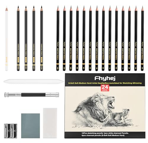 Sketch Drawing Pencil Set, 24 Pcs, Graphite Pencils (14B-4H) | Art Pencil Kit with Black and White Charcoal Pencils, Charcoal Sticks, Stumps, Eraser, Sharpeners, Sketch Set for Artists