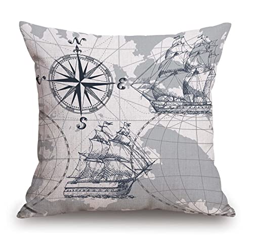 TSSOHU Nautical Sailboat Map Throw Pillow Cover Ship Anchor Cotton Linen Decorative Pillow Case Cushion Cover Home Sofa Decor 18x18 Inch Pillow Cover - color: Tss34