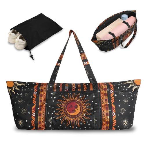 Yoga Mat Bag Yoga Tote Bag with Large Waterproof Zipper Pocket and Drawstring Pocket Yoga Mat Bag Carrier Fit Most Size Mats and All You Stuff - color: black orange