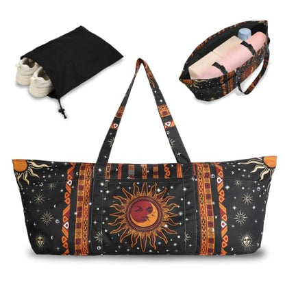 Yoga Mat Bag Yoga Tote Bag with Large Waterproof Zipper Pocket and Drawstring Pocket Yoga Mat Bag Carrier Fit Most Size Mats and All You Stuff - color: black orange