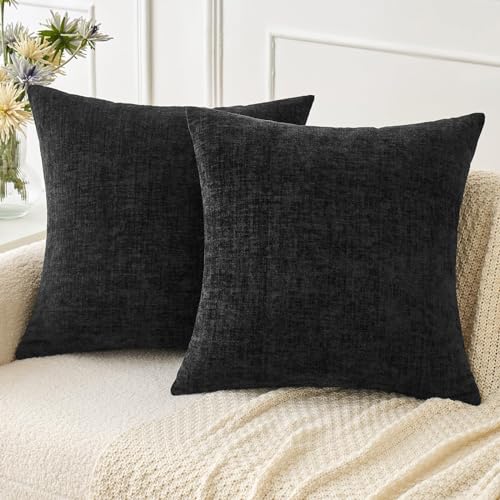MIULEE Soft Chenille Throw Pillow Covers Black 16x16 Inch Pack of 2 | Modern Home Decor, Classic Decorative Pillows, Solid Dyed Cases, Boho Couch Cushion Covers for Sofa Bed Living Room - color: Black, size: 16" x 16" (Pack of 2)