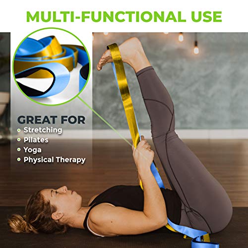 Gradient Fitness Stretching Strap for Physical Therapy, 12 Multi-Loop Stretch Strap 1.5" W x 8' L, Neoprene Handles, Physical Therapy Equipment, Yoga Straps for Stretching, Leg Stretcher. - color: Blue/Gold