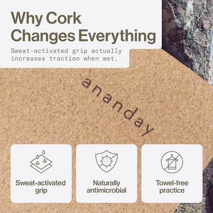 Ananday Premium Cork Yoga Mat - Sustainable, Non-Toxic & PVC-Free, Non-Slip, Perfect for Hot Yoga, Pilates & Exercise - Cushioned for Superior Comfort & Support
