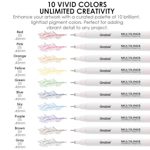 Grabie Micro Fineliner Pens, 10 Multicolor Waterproof Drawing Pens | Waterproof Pigment Ink, 10 Assorted Tip Sizes, Multicolor Fine Lines, Metal-Clad Nibs, Smooth Ink Flow, Smudge Resistant - color: 10-Multicolor