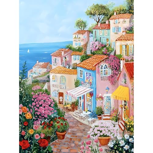 Diamond Art Kits for Adults,Seaside Town Diamond Painting Kits 12X16 Inch | 5D Diamond Art Paintings for Beginners,Round Full Drill Diamond Dot Tools Kit,Extra Diamonds,Stress Relief Craft,DIY Gift - color: Seascape-2604