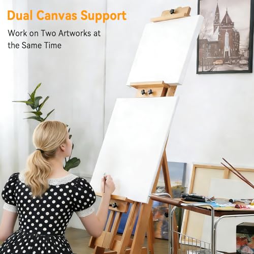PHOENIX Versatile Studio H-Frame Easel - Solid Beech Wood with Locking Casters, Adjustable Angle & Height, Heavy Duty Canvas Holder with Storage Tray for Professional Artists - Light Walnut
