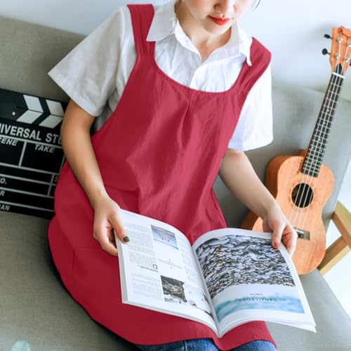 NEWGEM Japanese Cotton Linen Cross Back Cooking Apron for Women Men with Pockets Cute for Baking Kitchen - color: 05 - Women's Dark Red