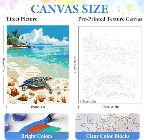 ZRIZQ Beach Paint by Numbers Kit for Adults Beginner,Turtle,16x20 | Full set with rich paints,wooden brushes,rolled canvas.Calming activity.Beginner friendly.Just open and paint. - color: 16"X20"Rolled Canvas-Beach Turtle