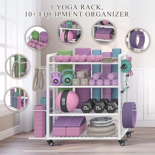 4-Tier Weight Rack for Home Gym with Wheels and Hooks | Adjustable Gym Storage Rack for Dumbbells Kettlebells Yoga Mat, All-in-One, Space Saving, Heavy Duty Steel, Easy to Assemble - size: Large White