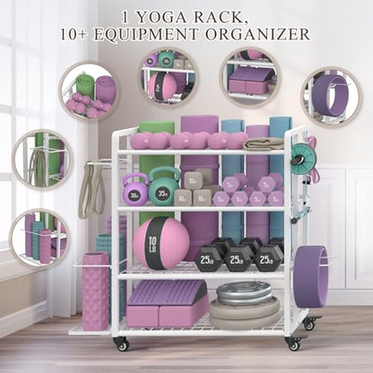4-Tier Weight Rack for Home Gym with Wheels and Hooks | Adjustable Gym Storage Rack for Dumbbells Kettlebells Yoga Mat, All-in-One, Space Saving, Heavy Duty Steel, Easy to Assemble - size: Large White