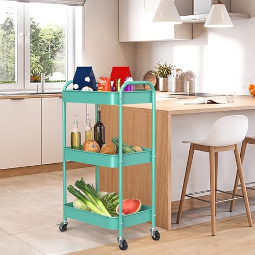 3-Tier Rolling Cart, Metal Utility Storage Carts with Wheels,Blue | Multi-Functional Organizer Easy Assembly Snack Cart - color: Blue