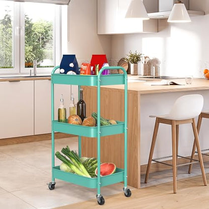 3-Tier Rolling Cart, Metal Utility Storage Carts with Wheels,Blue | Multi-Functional Organizer Easy Assembly Snack Cart - color: Blue