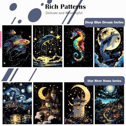 Scratchboard Art for Adults Luminous Scratch Painting Kits-A5/8 PCS-Dreams | Glow in Dark Scratch Card Art Kit, Calming DIY Activity for Adults Teens, Mindful Hobby, Stress Relief Craft and Wall Art - style: Dream