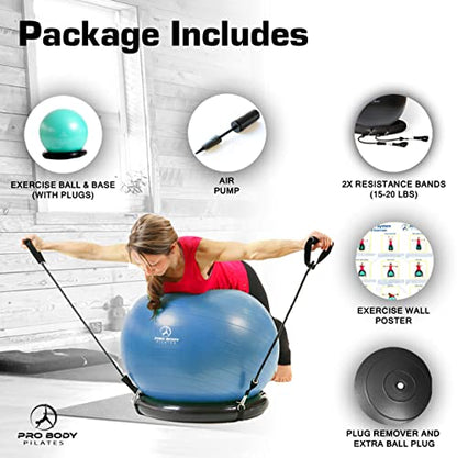 ProBody Pilates Ultimate 4 pc Kit - Pilates Ring, 65 cm Yoga Ball with Base and Bands, 9" Ball