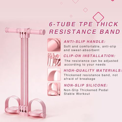 Pedal Resistance Bands with Handles,Upgrade 6-Tube Natural Rubber Foot Pedal Resistance Band，Multifunction Fitness Bands for Abdomen, Waist, Arm, Leg - color: Pink
