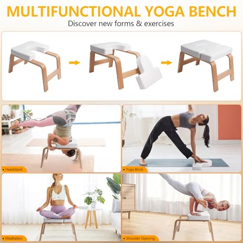 Yoga Headstand Bench PU Pad Headstand Trainer Max Load 300lbs | Yoga Headstand Bench Stress Relief Balance Trainer Supports with Wood Frame and Pu Pad Body Shaping Practice - color: White