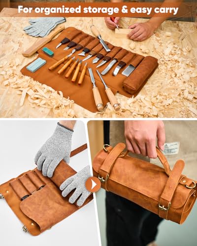 SakerNeo 25-Piece Wood Carving Kit Whittling Kit with Leather Storage Bag | Wood Carving Tools wood carving set Includes Gouges, Chisels, Knives – Ideal Woodworking Set for Beginners & DIY Gift - color: Brown 25pcs