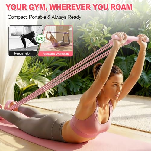 Foot Pedal Resistance Bands with Handles, 8-Tube Adjustable Multifunction Elastic Yoga Exercise Bands, Home Gym Fitness Equipment for Women & Men to Tone Abs, Core, Leg, Arm, Waist (Multi-Pink)