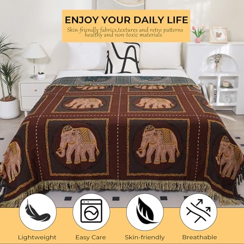 Elephant Pattern Boho Throw Blanket for Bed Couch 60"×80" Brown - color: Brown Elephant, size: 60''x80''
