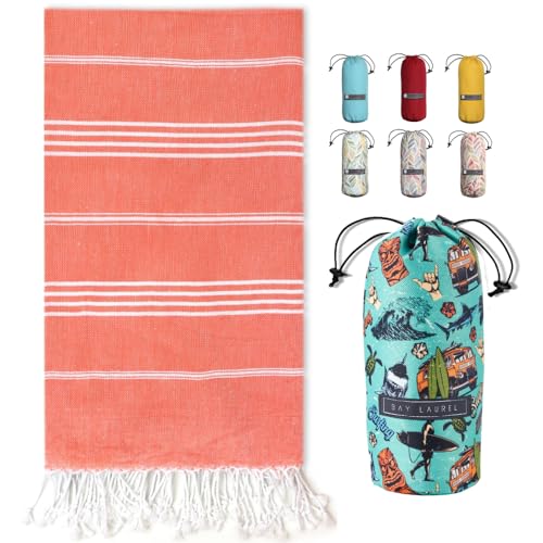BAY LAUREL Turkish Beach Towel with Travel Bag 39 x 71 Quick Dry Sand Free Lightweight Large Oversized Towels Light - color: Orange With Mix Green