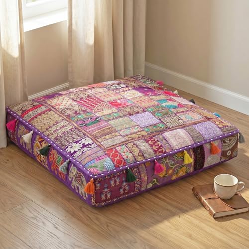 THE ART BOX Cotton Patchwork Vintage Boho Embroidered Floor Pillows & Cushion Cover Dog Pouf Seating Pouf Meditation Pillow Pet Bedding Cat Bed Boho Home Décor (35x35 Inches, Cover Only) - color: Purple