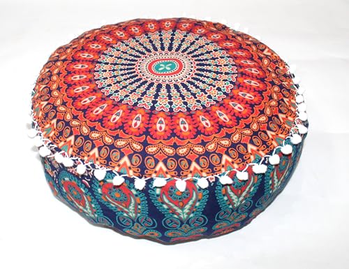 INDIAN CRAFT CASTLE ICC Mandala Barmeri Large Floor Pillow Cover Cushion Meditation Seating Ottoman Throw Cover Hippie Decorative Zipped Bohemian Pouf Ottoman Cases Multi Orange 16" Round - color: Multi Orange, size: 16"D x 16"W x 5"H
