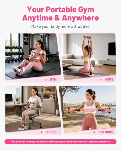 Multifunction Pedal Resistance Band with Handle, 4 Tubes 30/40/50LB Adjustable Foot Pedal Puller Resistance Band with Foam Handle& Storage for Men Women Core, Arm, Legs, Body Workout Home Gym, Pink